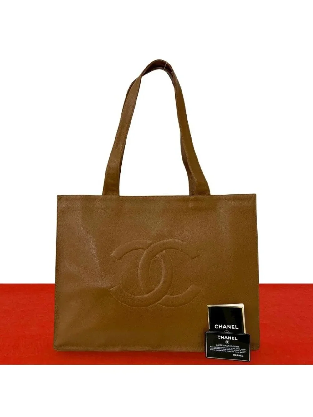 Chanel 4 Vintage CC Logo Caviar Leather Tote Brown